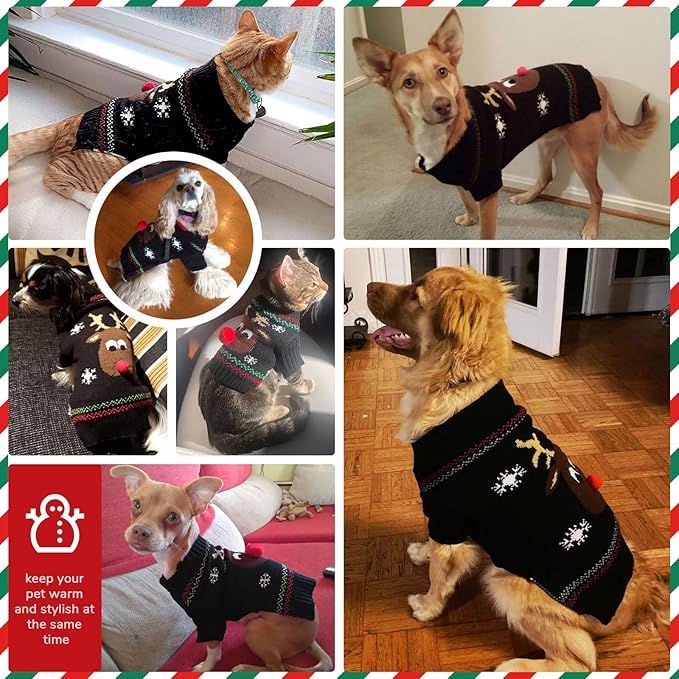 PETCARE Dog Christmas Sweater Black Ugly Funny Cute Cartoon Reindeer Cat Sweaters Jumper Holiday Dog Clothes Puppy Sweaters for Small Medium Large Dogs Fall Winter Outfits Xmas Dogs Costume,Small