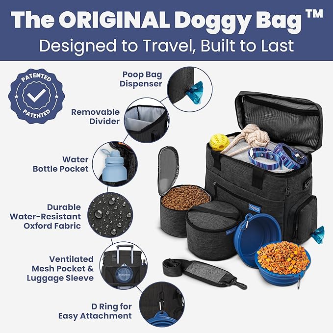 The Original Doggy Bag™ - Complete Dog Travel Bag for Supplies with 2 BPA-Free Travel Dog Bowls & 2 Pet Food Containers - Traveling Kit for Road Trip, Camping, Weekend Away or Doggy Gift - Charcoal