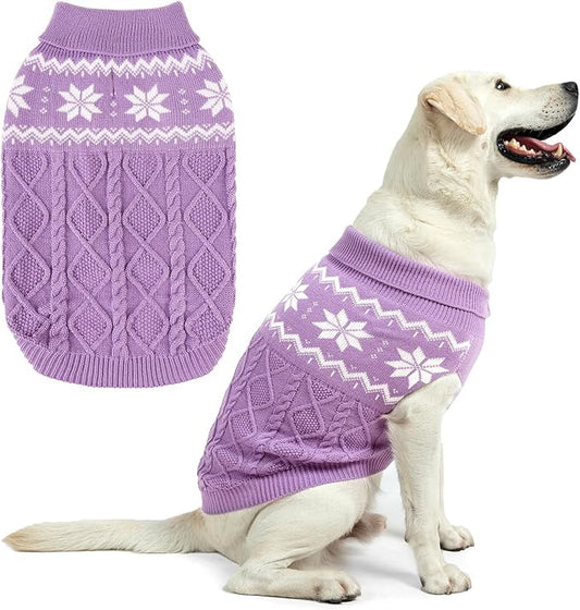 Warm Winter Pink Dog Sweater - Cold Weather Pet Clothes for Small Medium Large Dogs Indoor Outdoor, Soft Classic Knit Puppy Apparel Coat, Purple, ML