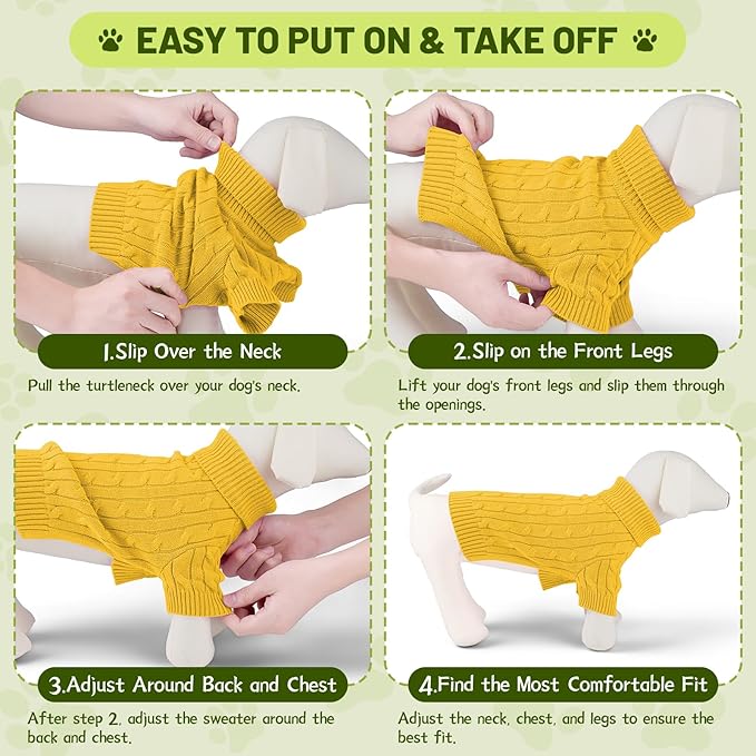 Small Dog Thermal Pullover Sweater, Classic Turtleneck Cable Knitwear Dog Clothes for Cold Weather Warm Pet Clothes for Chihuahua, Bulldog, Dachshund, Pug Yellow Medium