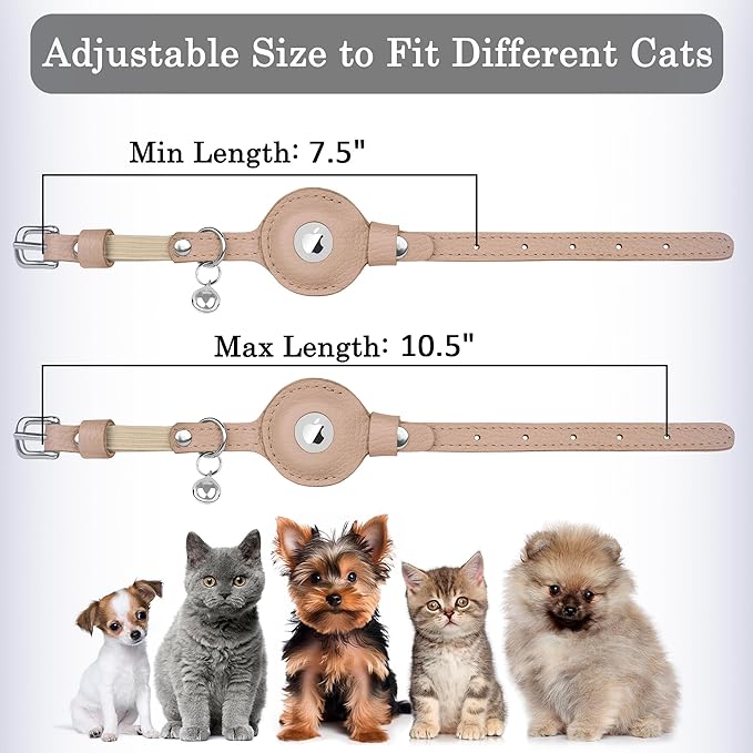 OOPSDOGGY Cat Collar for AirTag Holder, Leather Kitten Collars with Elastic Strap & Bell, Non Breakaway Adjustable Small Pet Collars for Indoor & Outdoor for Boy, Girl (Beige)