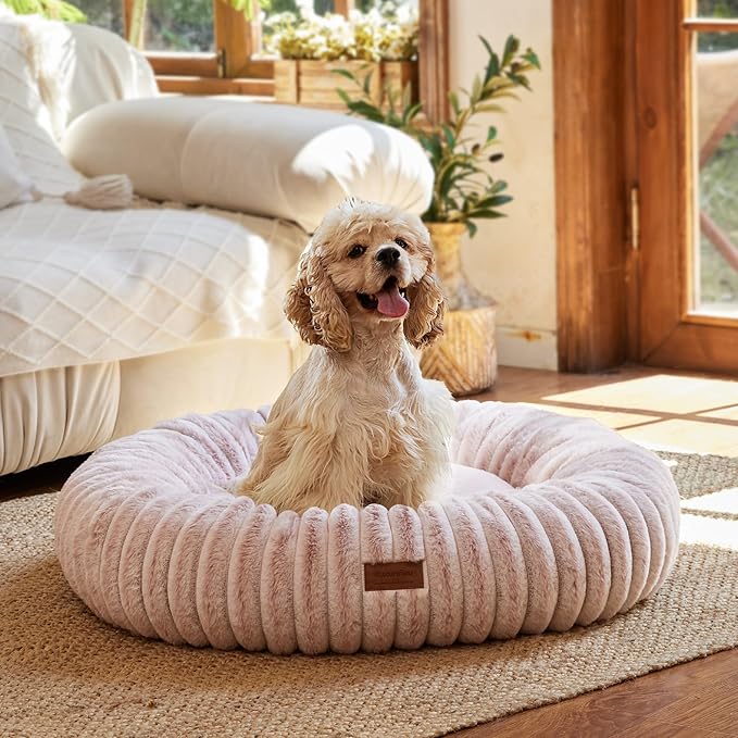FUKUMARU Dog Bed, Calming Donut Dog Beds for Anxious Dogs, Modern Aesthetic Cat Bed with Gradient Print, Cute Round Pet Beds with Washable Cover, Orthopedic Puppy Bed, Pink, Medium, 30 inches