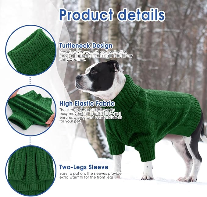 Queenmore XL Dog Sweater,Christmas Dog Sweaters for Extra Large Dogs Girl Boy,Warm Soft Fall Doggy Pullover Clothes,Turtleneck Knitted Pet Winter Apparel for Golden Retriever,Labrador(Green,XL)