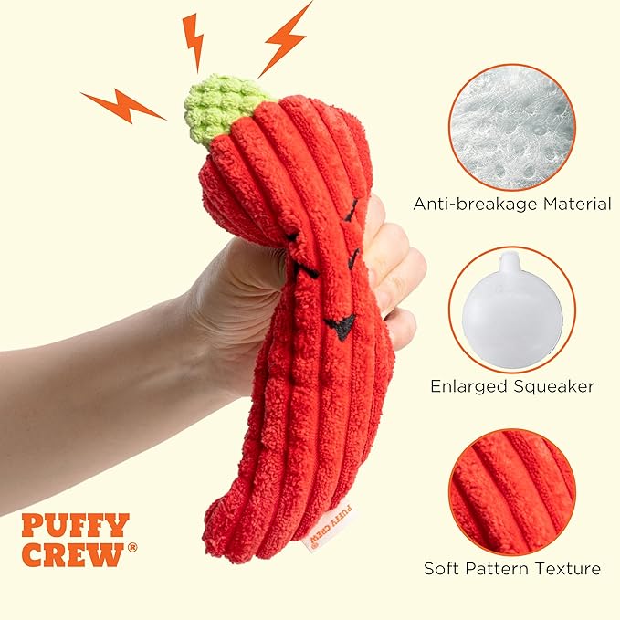 Squeaky Dog Plush Toy, Bite_Stick Collection, 8'', for Small and Medium Dogs (Red Chili)