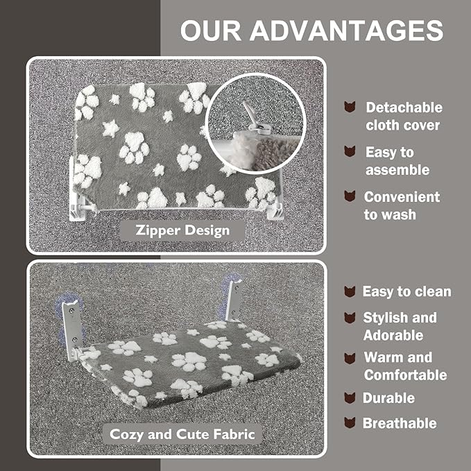 Cat Window Perch, Foldable Cat Window Hammock with Cute 3D Textured Flower Cover, Breathable Mesh Cover and Strong Suction Cups, Cordless Window Seat Bed for Indoor Cats (Grey, Medium)