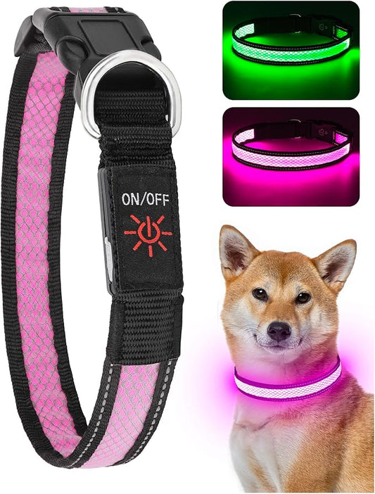 Weesiber Light Up Dog Collar, USB Rechargeable LED Dog Collar Glow in The Dark, Adjustable Reflective Waterproof Dog Collar Light for Night Walking(Pink, S)