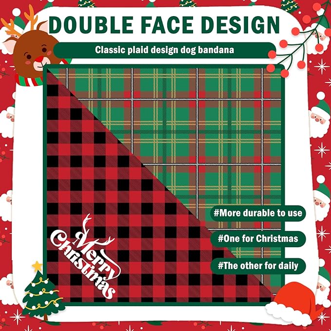 SCENEREAL Christmas Dog Bandanas 2 Pack, Puppy Xmas Santa Claus Elk Triangle Bibs Handkerchief, Reversible Holiday Dog Bandana for Boy and Girl, Premium Pet Scarf for Small Medium Large Dogs XL