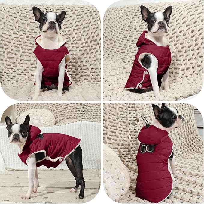 Fleece Lining Dog Hoodie with Harness Built in,Extra Warm Large Dog Jacket in Winter Doggie Coats with Drawstring Hooded,Red XXL