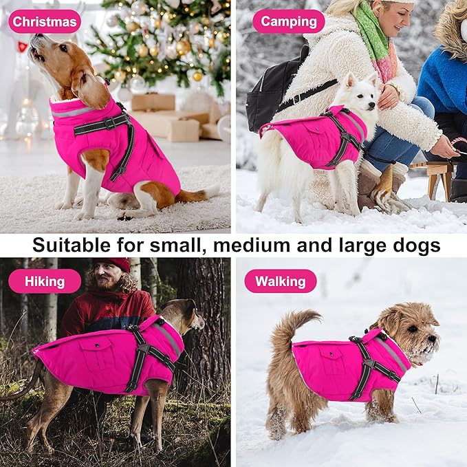 Dogcheer Dog Coat with Harness, Waterproof Warm Dog Winter Jacket with Pockets, Reflective Pet Fleece Jacket Turtleneck Snowsuit for Small Medium Large Dogs - Pink, S