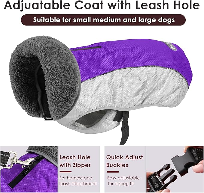 Dog Coat, Waterproof Ripstop Dog Winter Jacket with Leash Hole, Reflective Adjustable Warm Pet Fleece Snow Sweater for Small Medium Large Dogs - Purple, 2XL