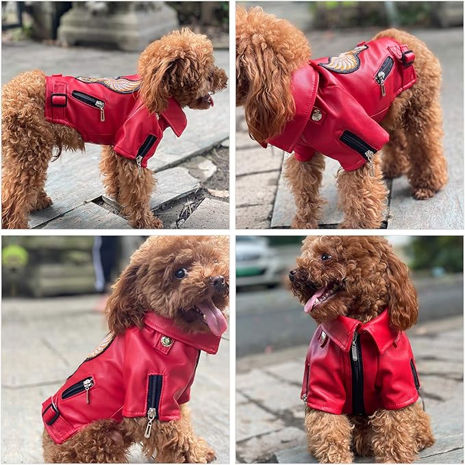 Lovelonglong Cool Dog Leather Jacket, Warm Coats Dogs Windproof Cold Weather Coats for Large Medium Small Dogs with Eagle Embroidery Red XXL