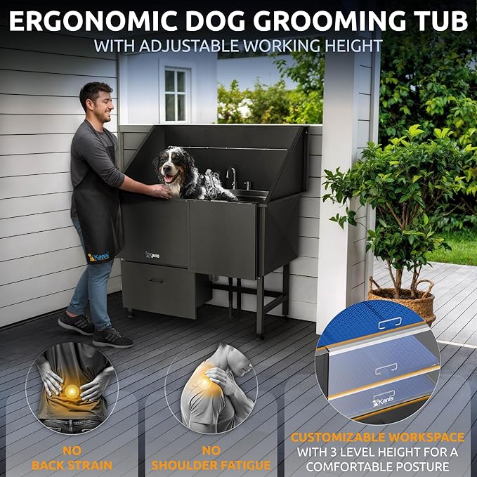 KANIS Black Line Professional Dog Washing Station - 304 Stainless Steel Pet Wash Sink & Grooming Bathtub w/Shower, Floor Grates and Storage for Large, Medium & Small Pets (50", 1 Drawer - Right Ramp)