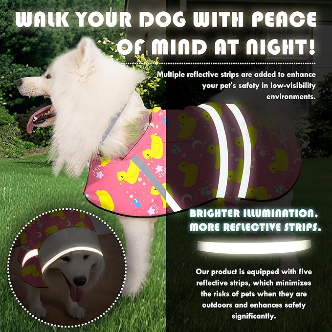 Dog Raincoat, Adjustable Rain Jacket with Hooded Double Layer for Large Medium Small Dogs Puppies, Lightweight Waterproof Rain Coat Poncho with Reflective Stripe Duck Pink,XL