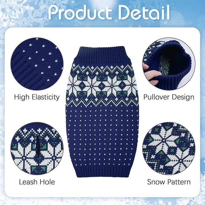 Kuoser Dog Sweater, Holiday Christmas Snowflake Pet Warm Knitwear Dog Sweaters Soft Puppy Clothing, Doggie Turtleneck Cold Weather Outfit Pullover for Small Medium Large Dogs Cats, Blue M