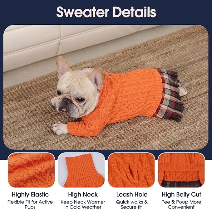 IECOii Girl Dog Sweater Dress, Great Dane Sweaters for Girl Dogs, Orange, 5XL, Extra Large Dog Sweater for Female Dogs Pet Winter Dress for Giant Breeds - Xmas Turtleneck Knitwear for Cold Weather