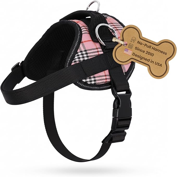 Bark Appeal Pink Plaid No-Pull Dog Harness for Medium to Large Sized Pets – Adjustable, Reflective Vest with 3 Leash Clips for Added Control, Easy Walks & Training – Large