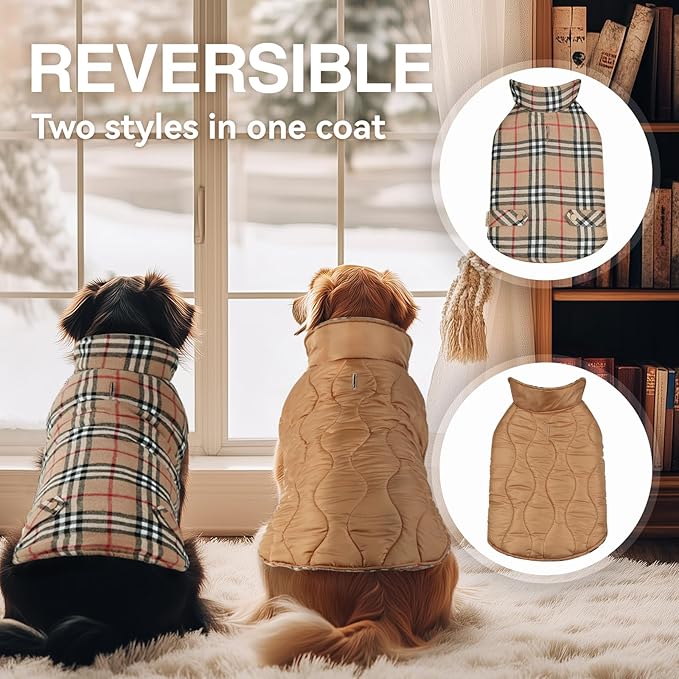 VIVAGLORY Softjoy Dog Coat, Dog Jacket for Winter & Christmas, Coat with Harness Hole & Velcro Closure, Reversible Plaid Checkered Warm Fluffy Heavy Duty for Puppy, L, Khaki