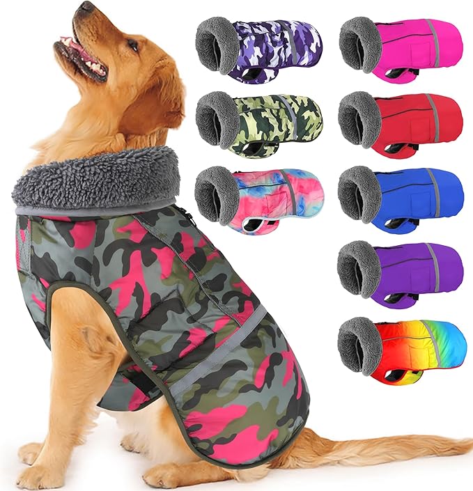 Dogcheer Warm Dog Coat, Waterproof Dog Jacket Reflective Adjustable Puppy Winter Coat with Buckle, Christmas Pet Snow Jacket Turtleneck Fleece Sweater for Small Medium Large Dogs - Camo Pink, S