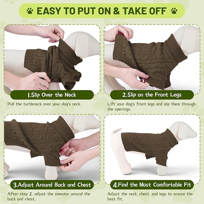 Small Dog Thermal Pullover Sweater, Classic Turtleneck Cable Knitwear Dog Clothes for Cold Weather Warm Pet Clothes for Chihuahua, Bulldog, Dachshund, Pug Tan Large