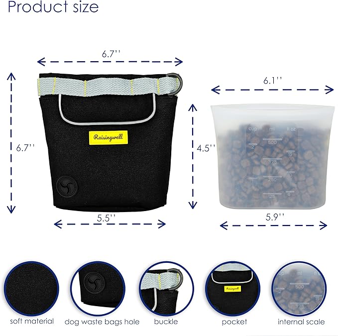Dog Treat Pouch for Pet Walking and Training with Clicker 2 Cup Silicone Bag Small Fanny Pack Holder for Puppy Snack Dispenser Kit for Leash and Outdoor Use (Black)