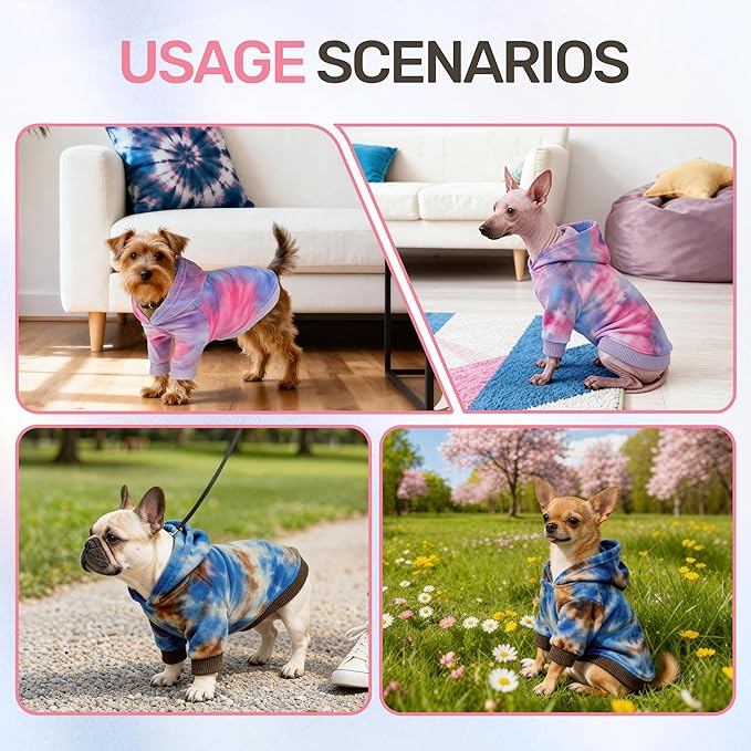 WOYYHO Premium Velvet Tie Dye Dog Hoodie & Sweatshirt - Soft Lightweight Pullover Dog Sweater for Small Medium Dogs, Cozy Dogs Sweater for Chihuahua Dachshund Multi Pink Purple M