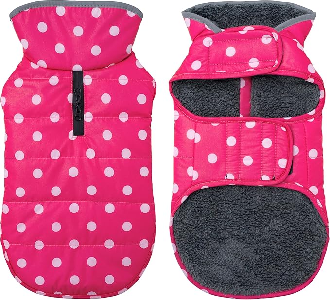 Dog Winter Coat, Waterproof Dog Jacket with Leash Hole, Reflective Adjustable Pet Snow Vest, Warm Fleece Sweater for Small Medium Large Dogs - Pink Polka Dot, M