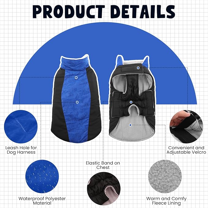 Warm Dog Coat,Waterproof Jacket in Winter Adjustable and Reversible Doggy Fleece Outfit,Thick Clothes with Foldable Collar for Puppy in Cold Days,XL RoyalBlue