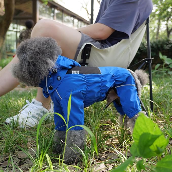 LOVELONGLONG Waterproof Dog Raincoat with Removable Hood – Outdoor Full Body Dog Jacket, Windproof Snowproof Shell Suit – All Season Pet Rain Gear Blue S