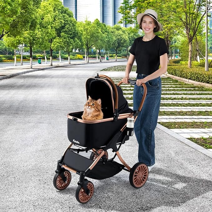 PETSITE 3-in-1 Pet Stroller for Small & Medium Sized Dogs, Foldable 4 Wheels Dog Stroller with Removable Carrier, Sun Shade, Removable Pad, Safety Belt, Storage Basket & Cup Holder
