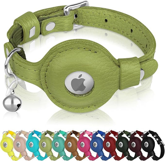 OOPSDOGGY Cat Collar for AirTag Holder, Leather Kitten Collars with Elastic Strap & Bell, Non Breakaway Adjustable Small Pet Collars for Indoor & Outdoor for Boy, Girl (Olive Green)