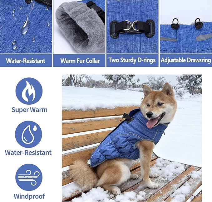 Malier Dog Coat, Reflective Dog Jacket Waterproof Windproof Puppy Cold Weather Coats with Harness Built in, Winter Extra Warm Pet Coat Fleece Vest for Small Large Pets and Puppy (Blue, Medium)