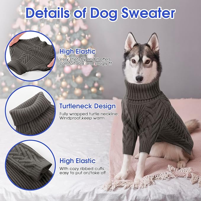 ASENKU XXL Dog Sweater, Turtleneck Pullover Winter Outfits for Extra Large Dogs - Pet Sweatshirt for Pitbull, Labrador Retriever (Dark Grey, 2XL)