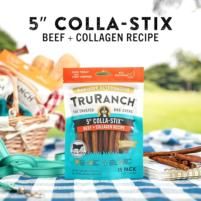 TRURANCH Collagen Sticks - 5" Collagen Sticks for Dogs - Long Lasting Healthy Joint Support Dog Treat - Rawhide Alternative - Skin & Coat Health - Made with Real Beef, 1 Bag, 15 Count
