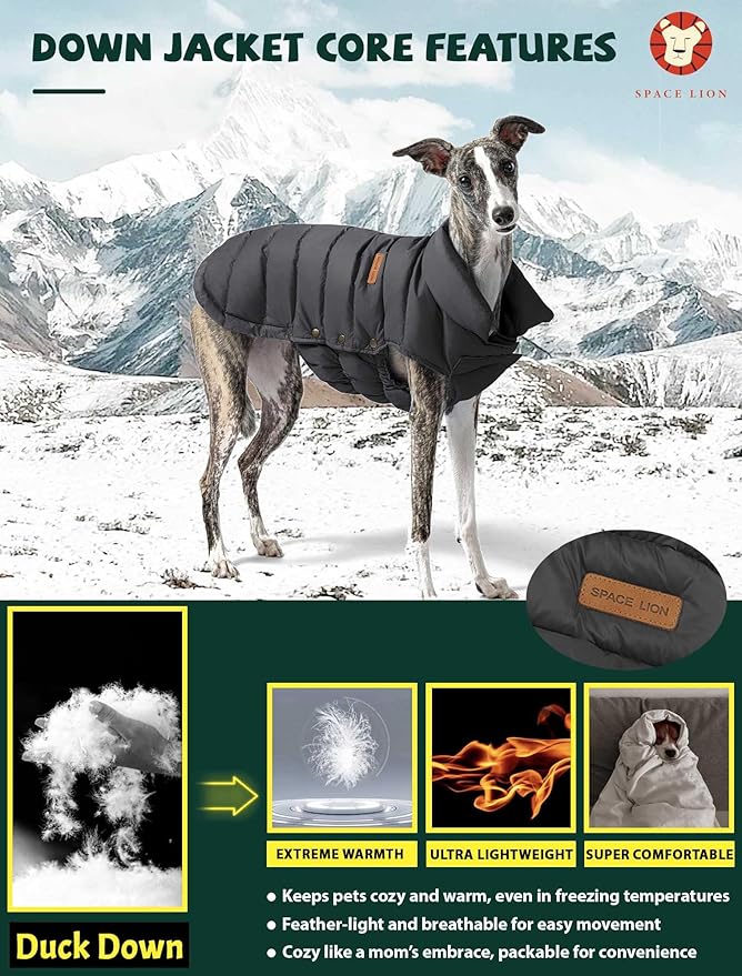 SPACE LION Dog Puffer Jacket, Down Winter Coat, Durable Outdoor Coat for Cold and Windy Conditions, Waterproof, Lightweight Jacket, Adjustable Fit for Small, Medium, Large Dogs(BlackGrey,14/L)