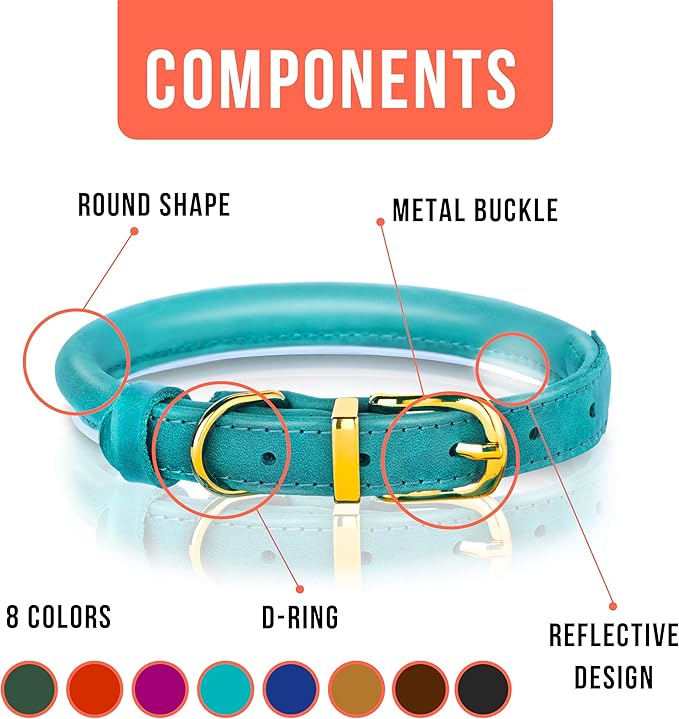 OOPSDOGGY Reflective Rolled Leather Dog Collar Adjustable Soft Padded Pet Collar for Small Medium Large Breed Dogs (Teal, S, 10"-13")