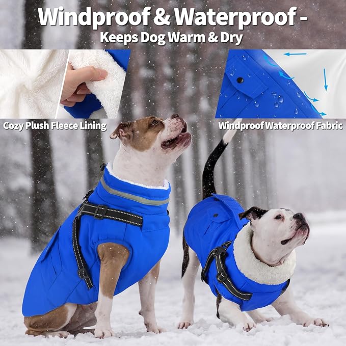 Dogcheer Dog Coat with Harness, Waterproof Warm Dog Winter Jacket with Pockets, Reflective Pet Fleece Jacket Turtleneck Snowsuit for Small Medium Large Dogs - Blue, 2XL
