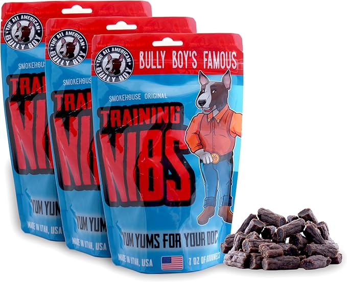 Bully Boy's Famous Beef Training Nibs Dog Treats | Free from Wheat, Corn, Soy, or Gluten | USA Sourced Ingredients | with Smokehouse Beef | Made in Utah | 7 oz - 3 Pack