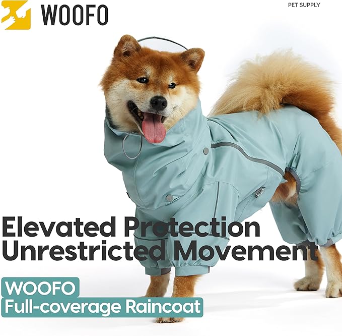 WOOFO Full-Coverage Dog Raincoat, Lightweight, Comfortable, Adjustable & Easy to Wear Dog Rain Jacket, Detachable Cap, Reflective Strip (Mint, Small)