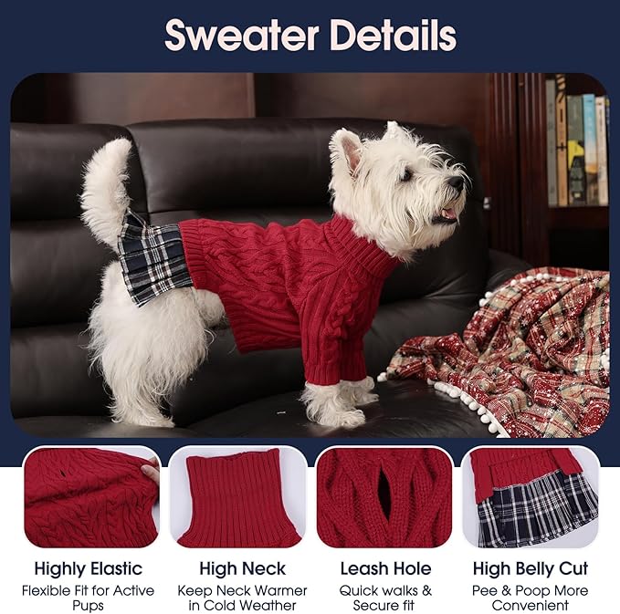 IECOii Girl Dog Sweater Dress - Cable Knit Dog Sweater for Small Dogs Girl - Red,Medium, Turtleneck Pullover Sweaters with Tartan Plaid Skirt, Adorable Warm Dog Knitted Dress for Christmas