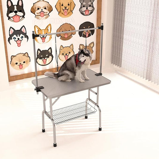 42" Dog Grooming Table Foldable Pet Grooming Tables with Adjustable Arm Noose Storage Mesh Tray Maximum Capacity Up to 330lbs Silver Gray