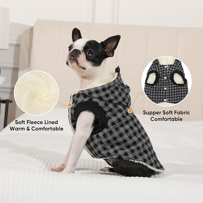 Fleece Lining Dog Hoodie for Medium Dogs Extra Warm Plaid Sweater with Drawstring Hooded Coats in Winter Doggie Jacket,Black XL