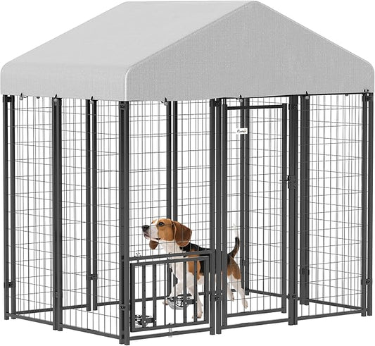 PawHut 6' x 4' x 6' Outdoor Dog Kennel, Welded Wire Dog Kennel Outside Run with 360° Rotating & 4 Level Adjustable Bowls, Waterproof & UV Resistant Cover, for S&M Breeds, Chickens, Ducks, Silver