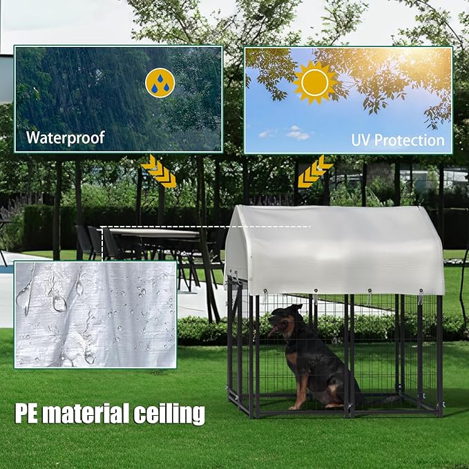 8 Panels Large Dog Kennel Outside Outdoor Dog Kennel Large with Roof Heavy Duty Dog Kennel Outdoor Indoor Dog Playpen Enclosure Pet Pen House Fence Yard Kennel for Small Medium Large 4'x4'x4.4'