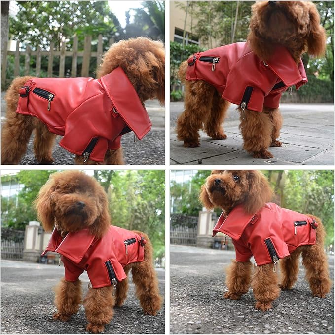 Lovelonglong Cool Dog Leather Jacket, Warm Coats Dogs Windproof Cold Weather Coats for Pugs Bulldog Pitbull Red B-M