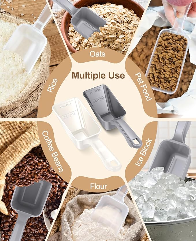 2-Pack Dog Food Scoop 1 Cup, Plastic Pet Food Measuring Scoop With Measuring Lines (1/2 & 1 Cup Markings) for Dogs, Cats, Fish, Bird（Transparent and Grey