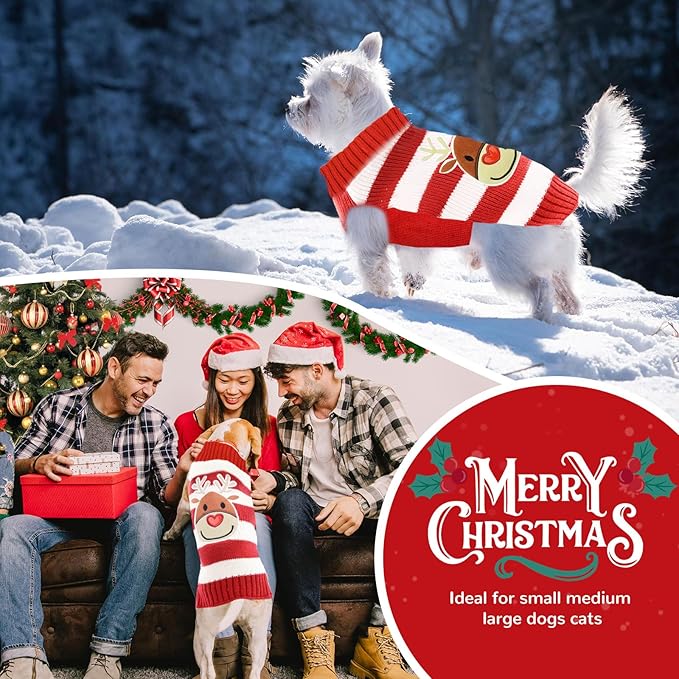 PETCARE Reindeer Christmas Dog Sweater Red Striped Cat Sweater Cartoon Elk Pet Vest Holiday Dog Clothes Puppy Sweaters for Small Medium Large Dogs Cats Fall Winter Outfits Xmas Dogs Costume,X-Large