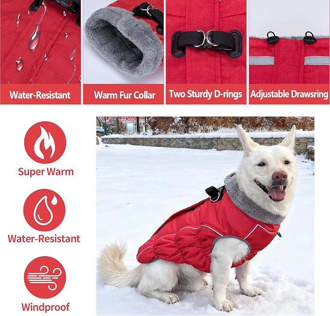 Malier Dog Coat, Reflective Dog Jacket Waterproof Windproof Puppy Cold Weather Coats with Harness Built in, Winter Extra Warm Pet Coat Fleece Vest for Small Large Pets and Puppy (Red, Large)