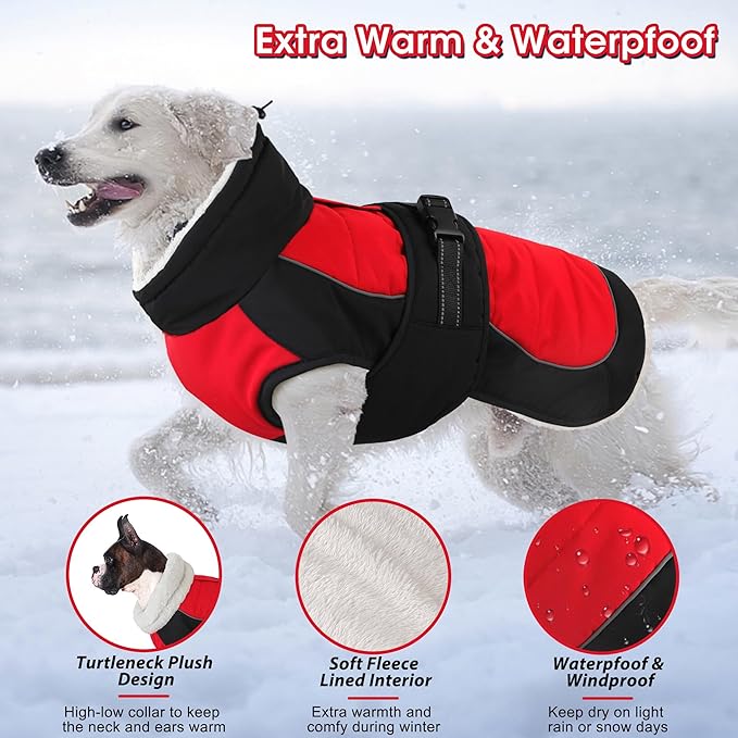 Dogcheer Dog Coat, Christmas Dog Jacket, Waterproof Turtleneck Puppy Winter Coat, Adjustable Pet Puffer Jacket, Reflective Warm Fleece Coats for Small Medium Large Dogs - Red, M