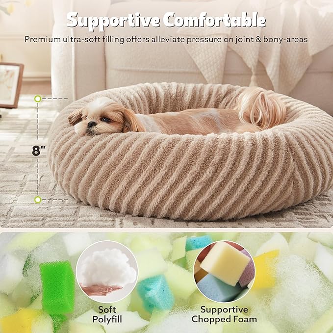 MIXJOY Dog Bed Medium Size Dogs, Washable Medium Dogs Bed with Removable Cover, Cozy Donut Dog Ded Fluffy Plush Faux Fur Pet Bed with Anti-Slip Bottom, 30"x30"x8", Beige
