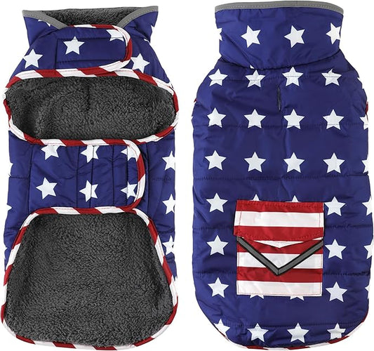 Dog Coat, Waterproof Dog Winter Jacket with Pocket, Reflective Adjustable Pet Snow Vest, Warm Cozy Fleece Sweater for Small Medium Extra Large Dogs - American Flag, 2XL
